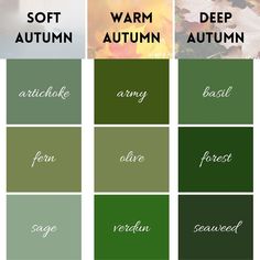 four different shades of green and brown with the words autumn written in white on them