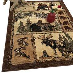 a placemat with an apple on top of it and some animals in the background