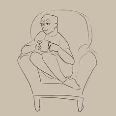 a drawing of a man sitting in a chair holding a cup