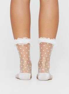 Sheer socks  Polka dot print, frill cuff  100% nylon Knee High Socks Outfit, High Socks Outfits, Frill Socks, Socks Outfit, Sock Outfits, Sheer Socks, Sweetheart Prom Dress, Formal Cocktail Dress, Online Shop Accessories