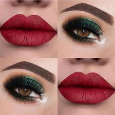 Green Eye Makeup With Red Lips, Red Lip With Green Dress, Green Eyeshadow Red Lipstick, Green Eyeshadow Red Lips, Green And Red Eyeshadow, Christmas Makeup Looks Green, Grinch Makeup Looks, Green Christmas Makeup, Cinco De Mayo Makeup