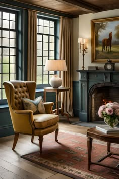 a living room filled with furniture and a fire place in front of a painting on the wall