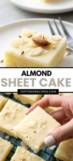 almond sheet cake on a white plate with the words almond sheet cake overlayed