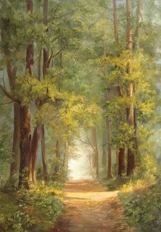 a painting of a dirt road in the middle of a forest with lots of trees