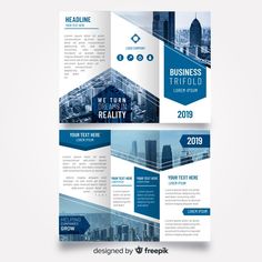 a blue tri fold brochure with cityscape on the front and back