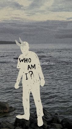 a man standing on top of a rock next to the ocean with words written on it