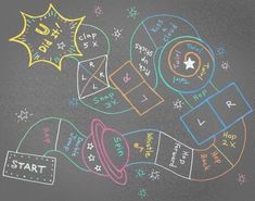 a chalkboard with different shapes and numbers drawn on it's blackboard surface