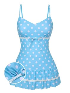 Blue 1940s Spaghetti Strap Polka Dots One-Piece Swimsuit | Retro Stage Cutecore Bathing Suit, Blue Gyaru Outfit, Swimdress Cute, Kawaii Swimsuit, Retro Stage, Polka Dot One Piece, Swimsuit Blue, Vintage Swimsuit, Standard Dress