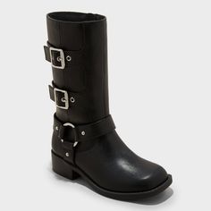 Your child will be ready take on cooler-weather days in style with these Dee Tall Buckle Boots from art class™. Made from faux leather, these black boots are elevated by a harness strap accented with a silver-tone ring along with matching buckles and grommets running down the side. Set on a 1.25-inch block heel with a textured TPR outsole, these mid-calf boots are finished with a side zipper fastening for a snug, secure fit. art class™: One-of-a-kind looks for the one and only you. Fall Outdoor Combat Boots With Buckle Closure, Fall Combat Boots With Buckle Closure For Outdoor, Trendy Faux Leather Moto Boots With Buckle, Trendy Faux Leather Moto Boots With Buckle Closure, Casual Moto Boots With Buckle Closure In Faux Leather, Casual Faux Leather Moto Boots With Buckle Closure, Black Moto Boots With Buckle For Outdoor, Black Moto Boots With Buckle Closure For Outdoor, Faux Leather Boots