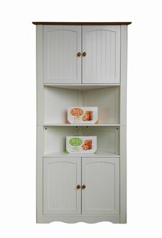 a white bookcase with three doors and two drawers on the top, in front of a white background