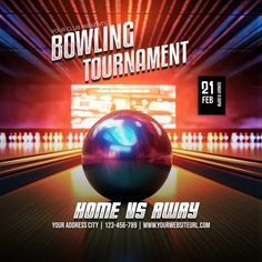 a bowling tournament flyer with a ball in the middle