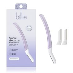 This exfoliating dermaplane wand is designed to safely remove peach fuzz for a bright, even-toned complexion, and perfectly shape brows with pinpoint precision. The Billie Dermaplane Starter Kit comes with a reusable handle and 3 sharp stainless steel refill blades with protective micro-guards. This dermaplane wand is designed to safely smooth skin and offer gentle exfoliation for a brighter, even-toned complexion. Face Shaver, Shape Brows, Skin Tools, Bathroom Things, Best Shave, Shaving Oil, Acne Treatments, Dandruff Shampoo, Peach Fuzz