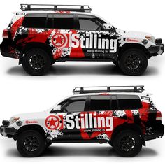 two side by side images of a red and white truck with the word stilling painted on it