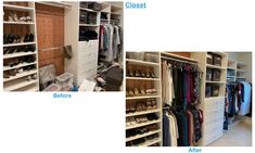 before and after photos of closets with shoes on the bottom shelf, in between them