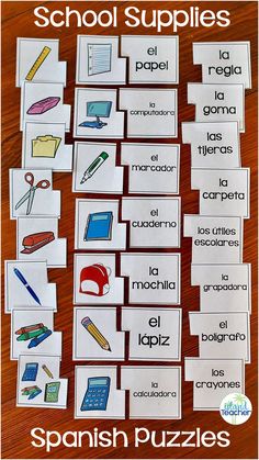 spanish words and pictures are displayed on the table