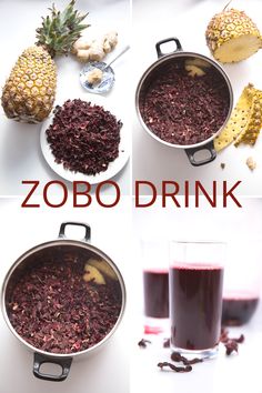 various pictures of different types of food and drinks on a white surface with the words zobo drink above them