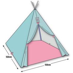 a blue and pink tent with measurements for it