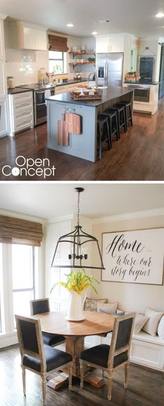 before and after pictures of a kitchen island with seating area, dining room table, and open concept sign on the wall