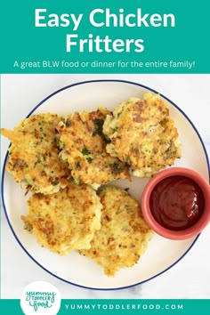 easy chicken fritters on a white plate with ketchup and dipping sauce