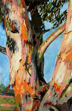 an abstract painting of a tree with colorful bark and leaves on it's trunk