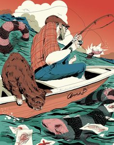 a man sitting in a boat surrounded by fish and other animals, with a fishing rod