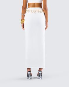 A white maxi skirt is a staple that everyone needs 🙌 With a simple and sleek design, this look is perfect for dressing up or down for any occasion. Made from a slinky jersey fabric, and complete with a mid-rise fit and ruching details 🤍 Jersey Maxi Skirt, White Maxi Skirt, White Maxi Skirts, Dressing Up, White Maxi, White Jersey, Cargo Pant, Charm Set, Jersey Fabric