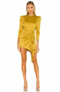 $228 NBD Mustard Yellow Puff Sleeve Satin Pandora Ruffle Dress Small NWT N363 #NBD #Sheath #FormalPartyCocktail Mini Gold Dress, Yellow Mini Dress, Revolve Dresses, Style Expert, Fashion Help, The Girl Who, Yellow Dress, Mustard Yellow, Satin Fabric