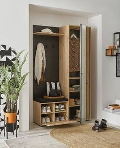 an open closet with shoes and plants in it