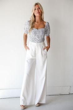 Your OOTD will make the sweetest impression on everyone you meet in the Lasting Cuteness White Trouser Pants! These trousers are designed to offer a polished look while providing unparalleled comfort and style. Crafted from high-quality, breathable fabric, these pants feature a crisp white hue that complements any outfit and suits a variety of occasions. The tailored design includes a flattering high waist and a sleek, straight-leg cut that elongates the legs and creates a streamlined silhouette Wide White Pants, White Trouser Pants, White Dress Pants, Culotte Pants, Dressy Pants, Fun Pants, Tailored Design, Trouser Pants Women, Casual Work Outfits