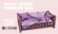 the bed is made up with purple sheets and pillows on it, along with matching color swatches