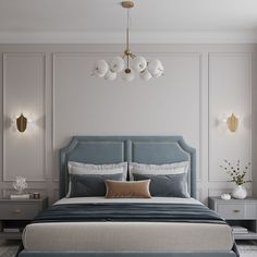 a bedroom with a bed, nightstands and two lamps on the wall above it