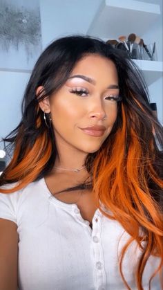 Black Hair With Orange Peekaboo, Dark And Orange Hair, Hair Styles For Shaved Sides, Orange Halo Hair, Orange Peak A Boo Hair, Orange Peekaboo Hair Dark Brown, Orange Hair Peekaboo, Vibrant Orange Hair