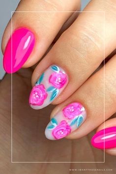 rose nails designs Pink Flowers On Nails, Pink Rose Nails, Pink Nail Designs