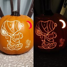 two pumpkins with drawings on them, one is carved to look like cartoon characters