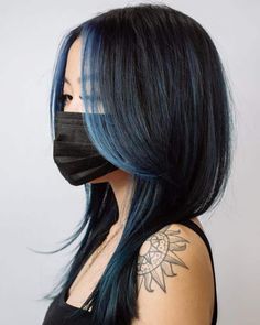 Purple Highlights Layered Hair, Black And Blue Money Piece, Fashion Color Highlights Short Hair, Light Blue Money Piece Hair, Hair Colorblocking, Blue Hair Highlights For Black Hair, Hair Color Ideas For Brunettes Blue, Money Piece Hair Blue, Blue Streaks In Hair