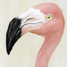 a painting of a pink flamingo with a black head and yellow eyes, standing in front of a white background