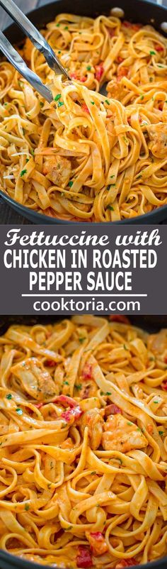 a pan filled with fettuccine and roasted pepper sauce