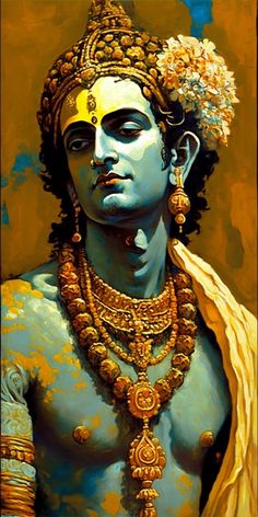 an artistic painting of a man with blue skin and gold jewelry