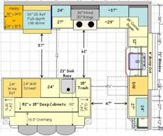 the kitchen floor plan is shown with measurements for each area and how to use it