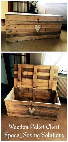 wooden pallet chest with hearts on the top and bottom, sitting in front of a window