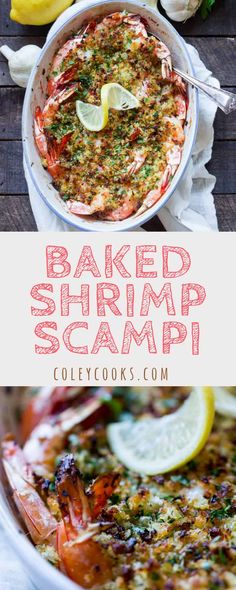 baked shrimp scampp in a white dish with lemons and parsley on the side