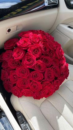 a bouquet of red roses in the back seat of a car