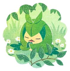 a cartoon character sitting on top of a leafy plant with its eyes closed and mouth wide open