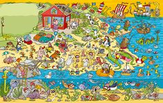 an illustrated map of the united states with animals and other things on it, including boats