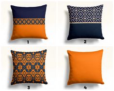 four pillows with different patterns on them, one in orange and the other in blue