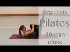 a woman is doing exercises on her yoga mat with the words beginner's pilates 30 min class