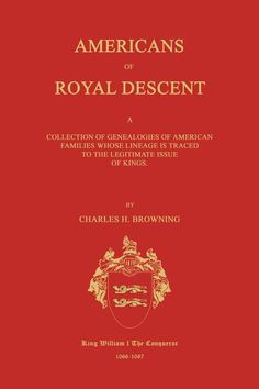 the front cover of an american royal descent book, with gold lettering on red paper