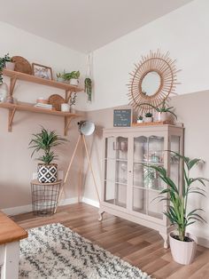 a living room filled with furniture and plants on top of wooden shelves next to a white rug