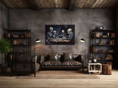 a living room with two couches and a painting on the wall above it that has three skeletons sitting at a table