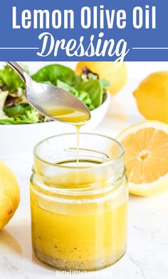 lemon olive oil dressing in a mason jar with fresh lemons and salad in the background